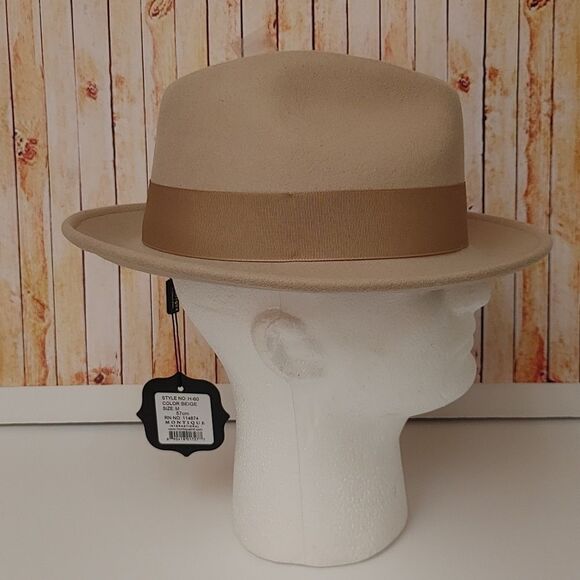 MEN'S MONTIQUE BEIGE LIGHT FELT 2 1/2" WIDE BRIM PINCH FEDORA HAT. H60 - Picture 3 of 8